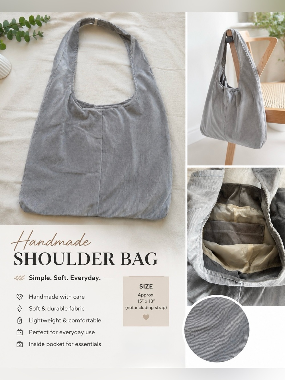 Handmade Gray Corduroy Shoulder Bag with Interior Pocket